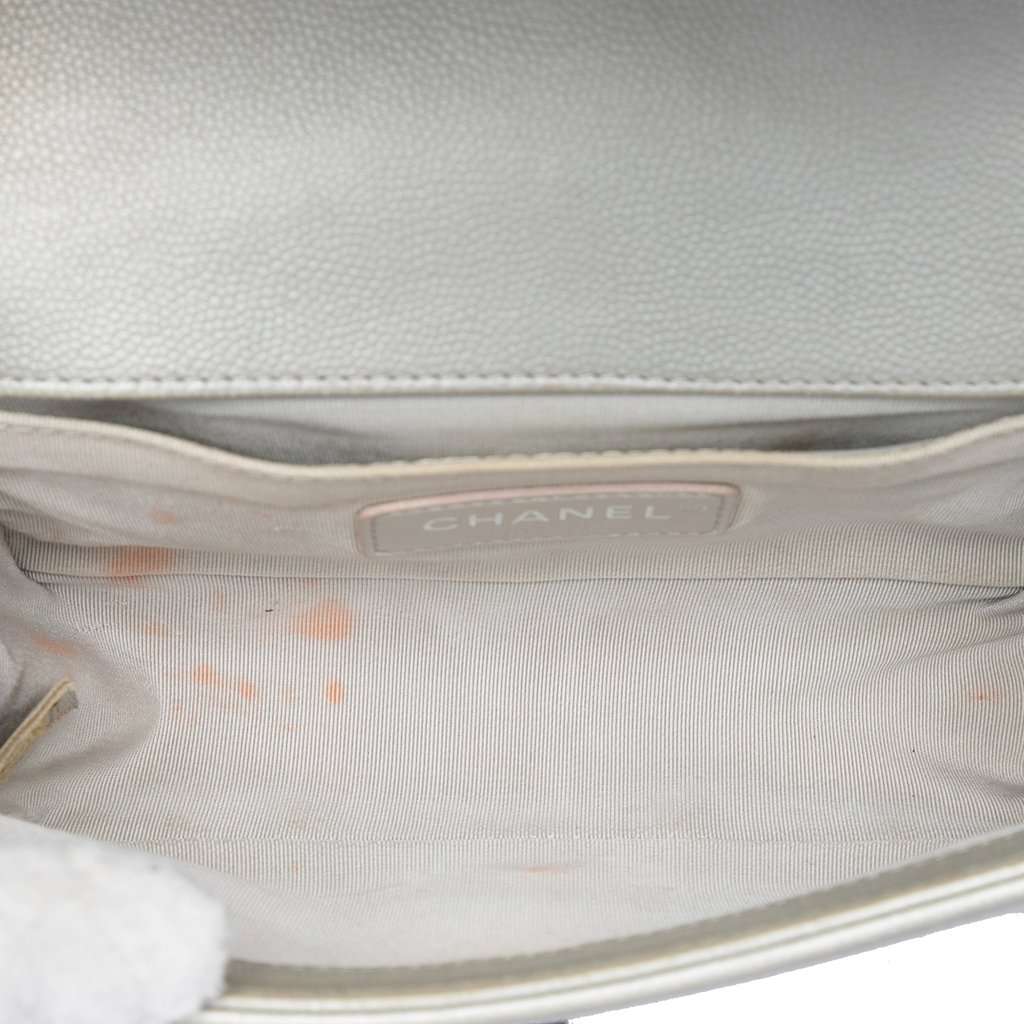 Chanel Small Quilted Metallic Caviar Boy Flap Silver Leather Very good condition - Model View