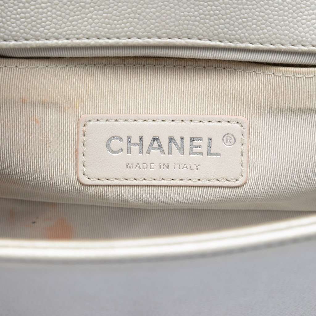 Chanel Small Quilted Metallic Caviar Boy Flap Silver Leather Very good condition - Box View