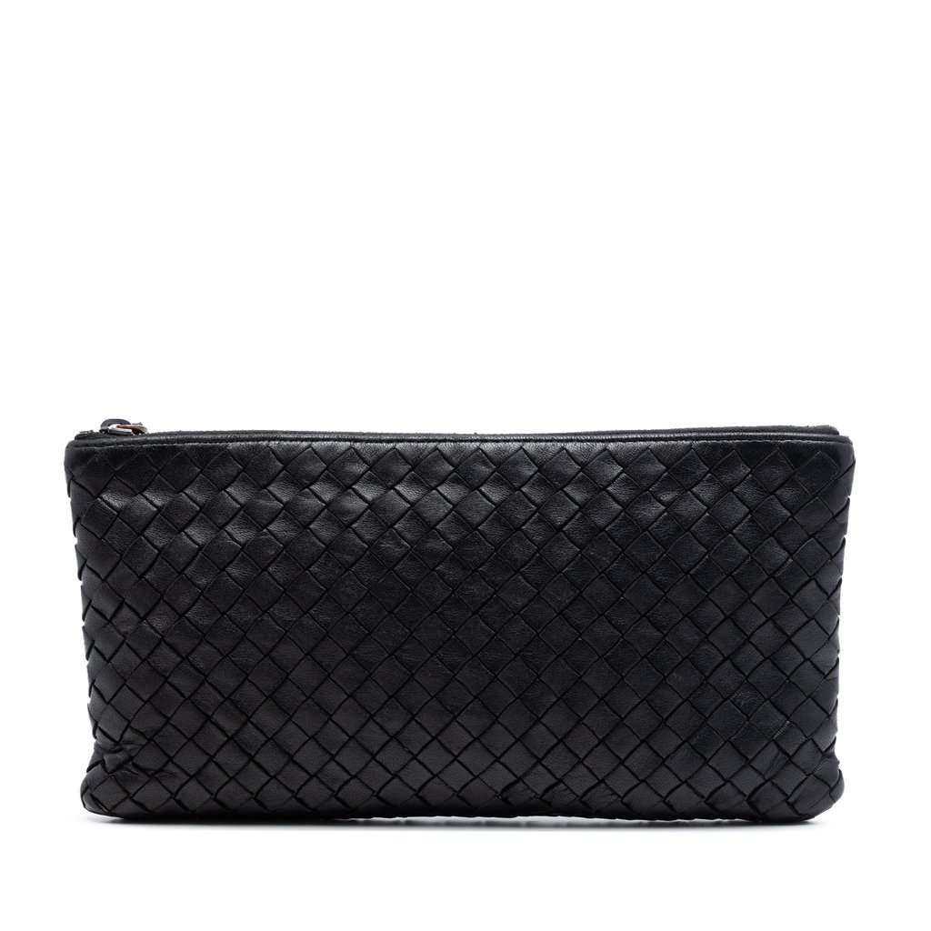 Bottega Veneta Nappa Intrecciato Zip Pouch Black Leather Very good - Front View