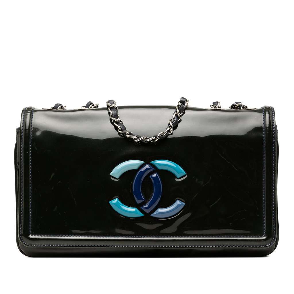 Chanel CC Patent Lipstick Ligne Flap Blue Leather Very good condition - Front View