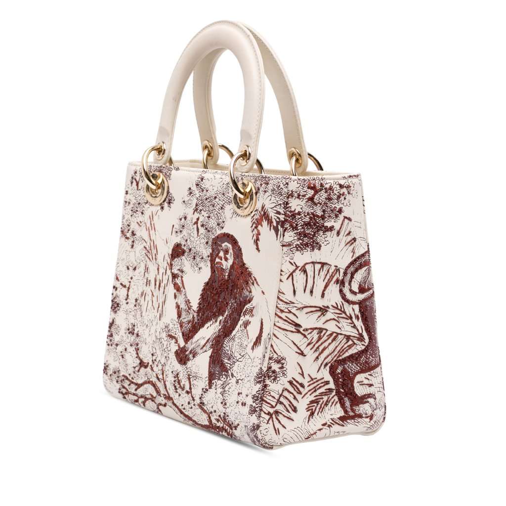 Dior Medium Smooth Calfskin Embroidered Beaded Toile de Jouy Lady Dior White Leather Very good - Back View