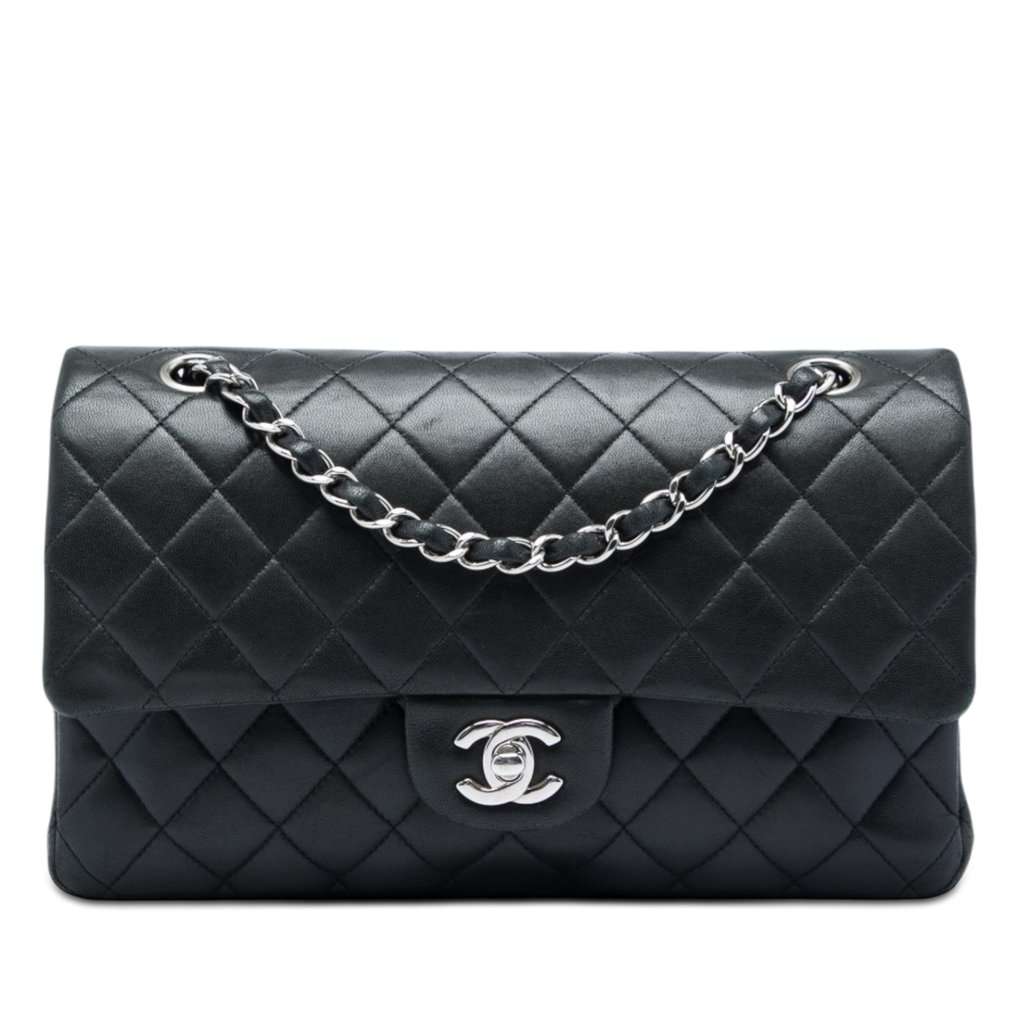 Chanel Medium Classic Lambskin Double Flap Black Leather Very good - Front View