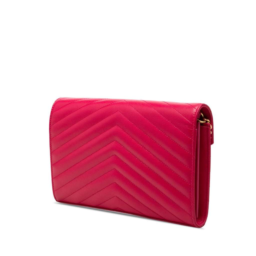 Saint Laurent Grain De Poudre Chevron Monogram Envelope Chain Wallet Pink Leather Very good - Back View