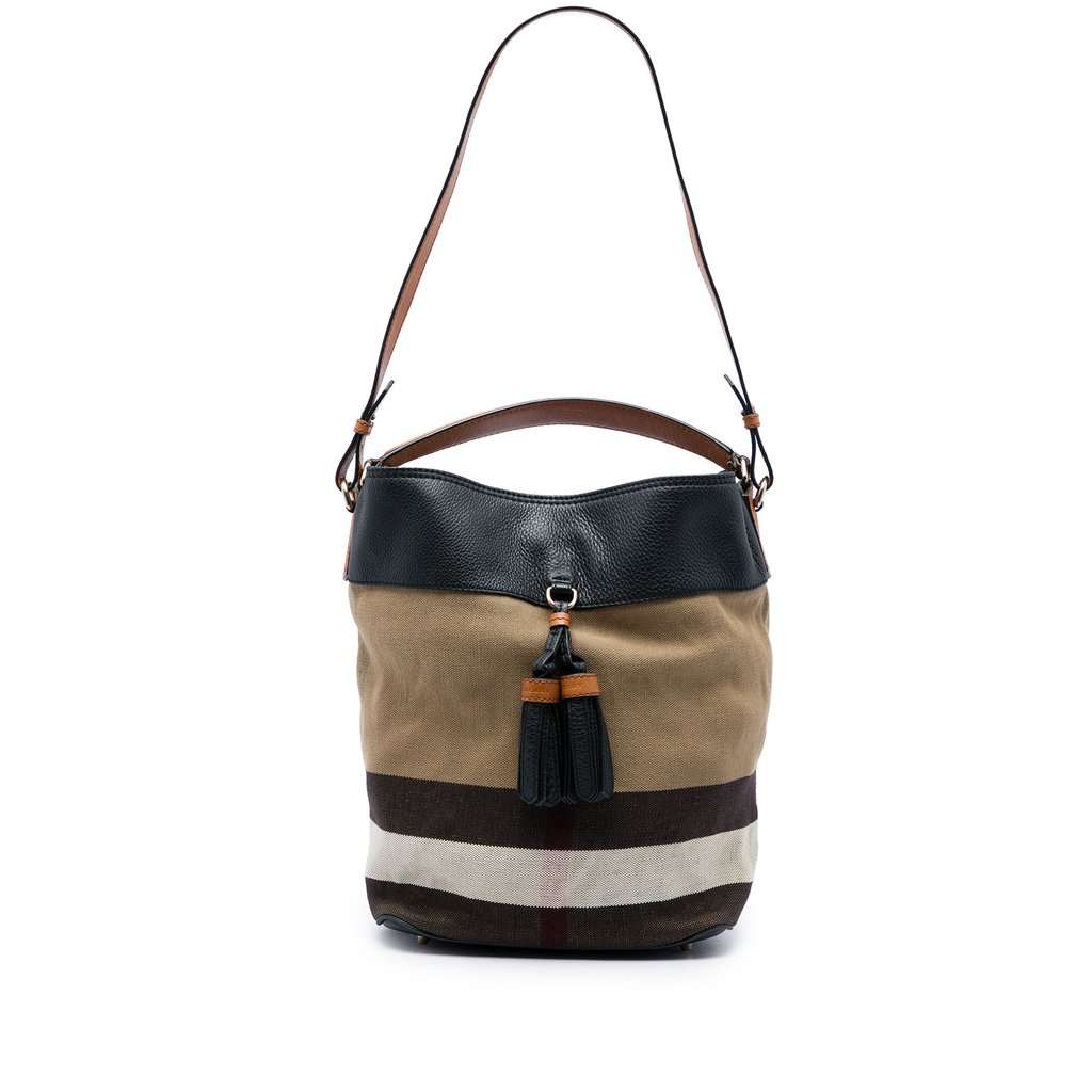 Burberry Medium Mega Check Canvas and Grained Calfskin Ashby Tassel Bucket Bag Brown Very good - Front View