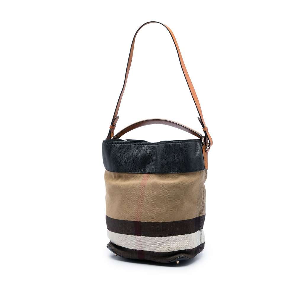 Burberry Medium Mega Check Canvas and Grained Calfskin Ashby Tassel Bucket Bag Brown Very good - Back View