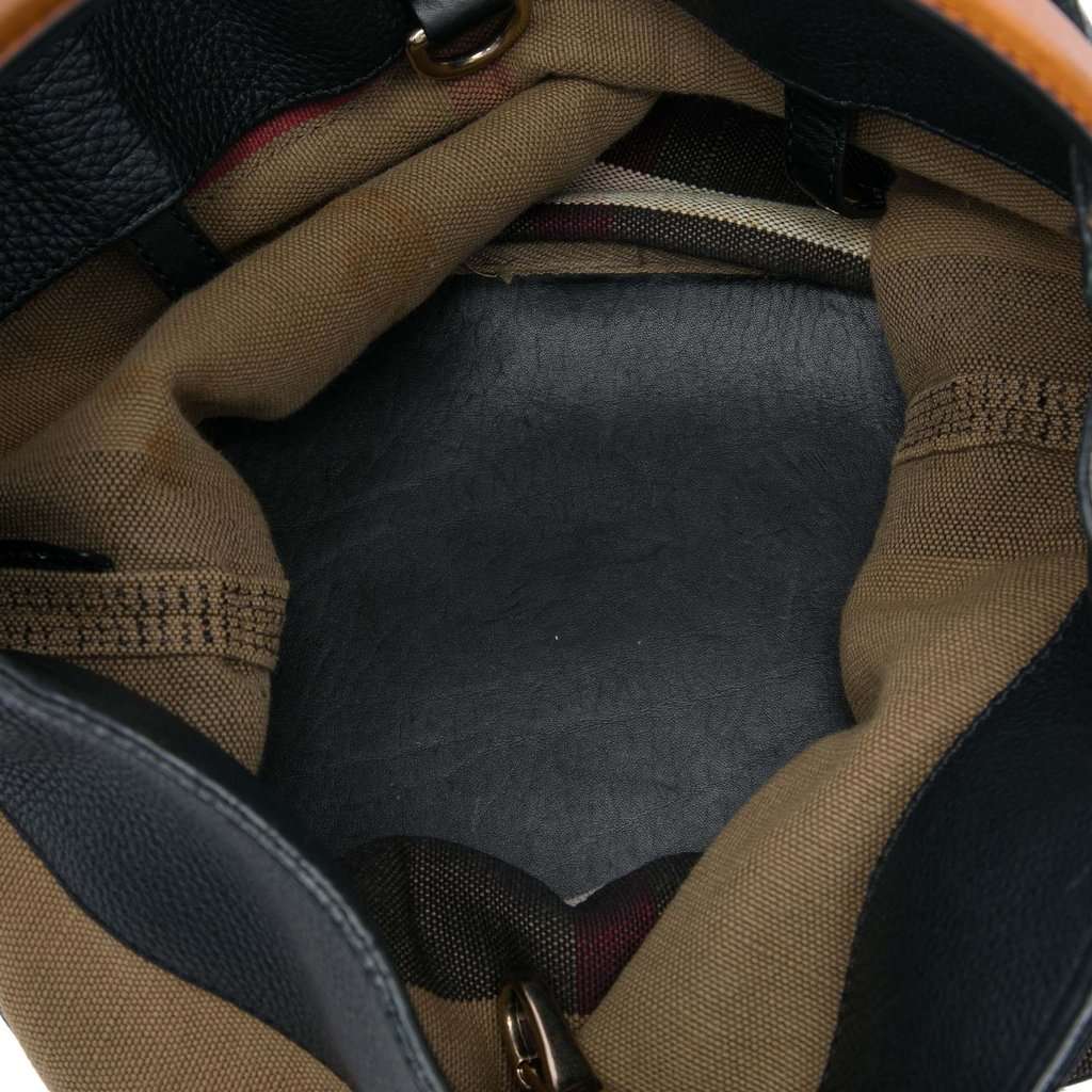 Burberry Medium Mega Check Canvas and Grained Calfskin Ashby Tassel Bucket Bag Brown Very good - Model View