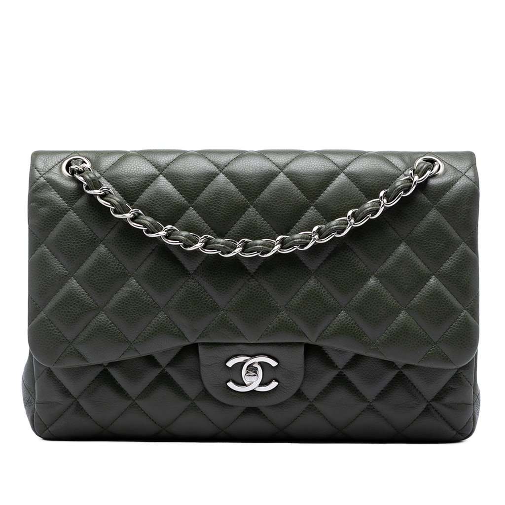Chanel Jumbo Classic Caviar Double Flap Green Leather Very good - Front View