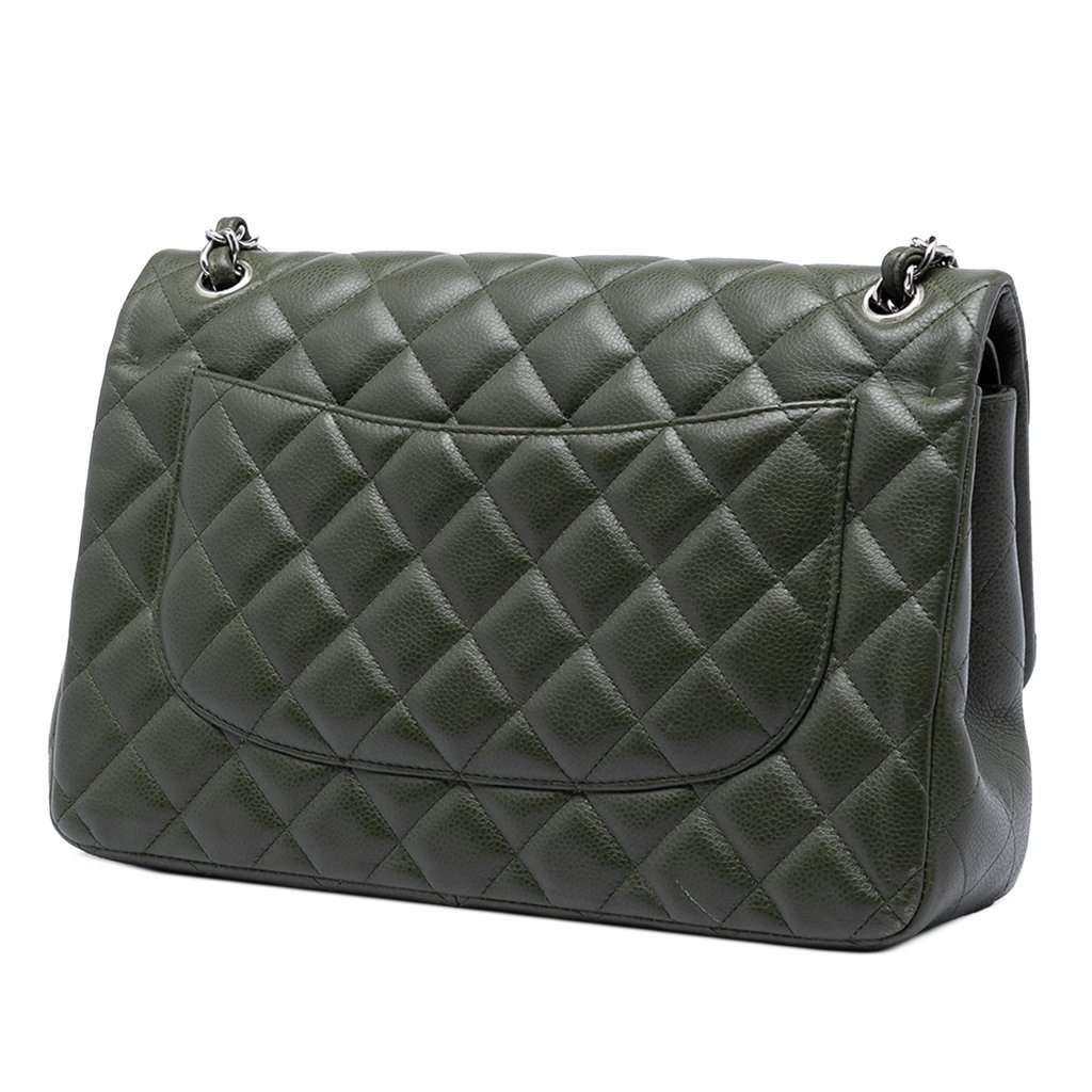 Chanel Jumbo Classic Caviar Double Flap Green Leather Very good - Back View