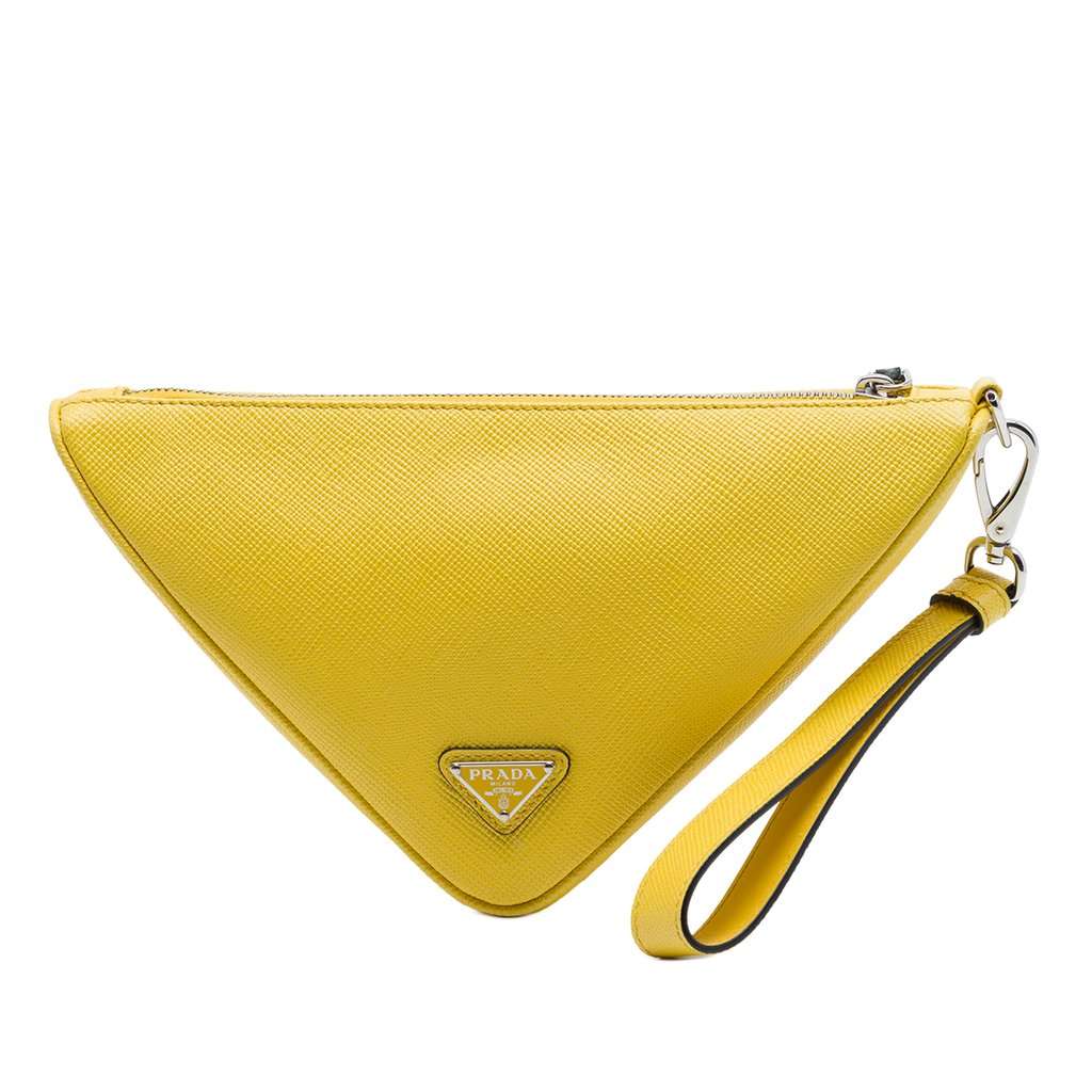 Prada Saffiano Logo Embossed Triangle Wristlet Pouch Yellow Leather Very good condition - Front View