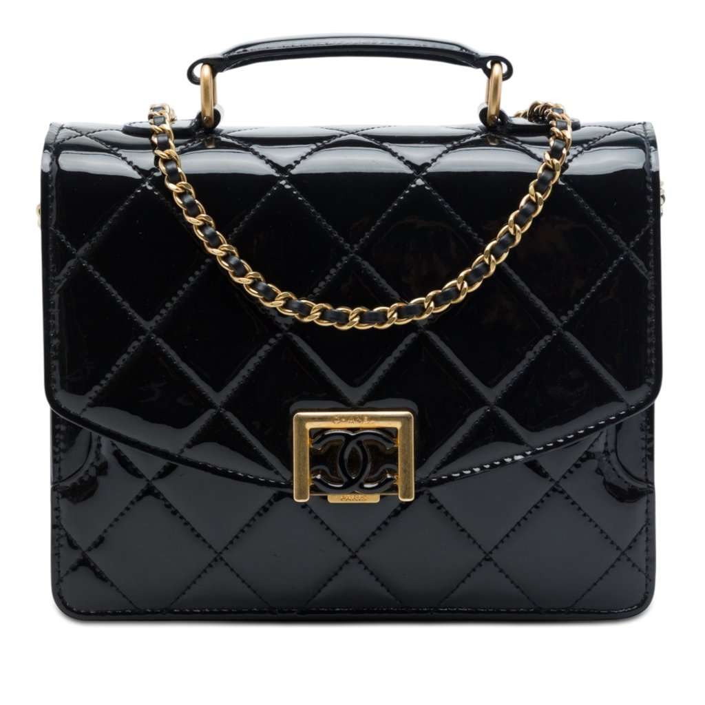 Chanel CC Quilted Patent Accordion Pushlock Top Handle Flap Black Leather Very good - Front View