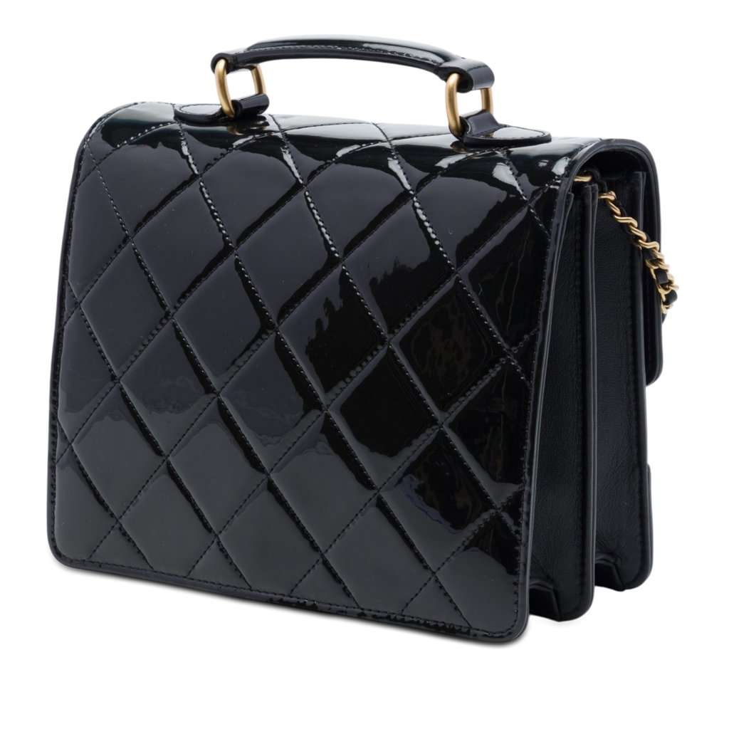 Chanel CC Quilted Patent Accordion Pushlock Top Handle Flap Black Leather Very good - Back View