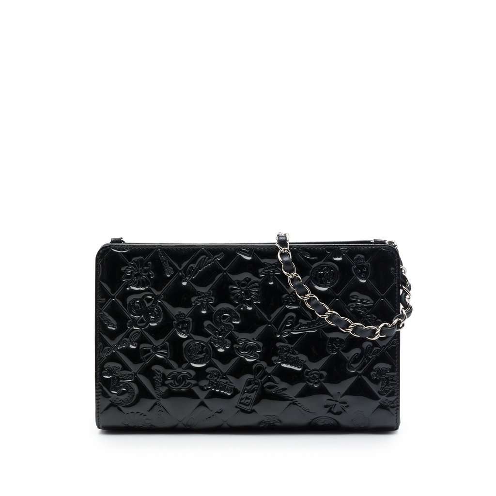 Chanel Quilted Patent Embossed Lucky Symbols Pochette Black Leather Very good - Front View