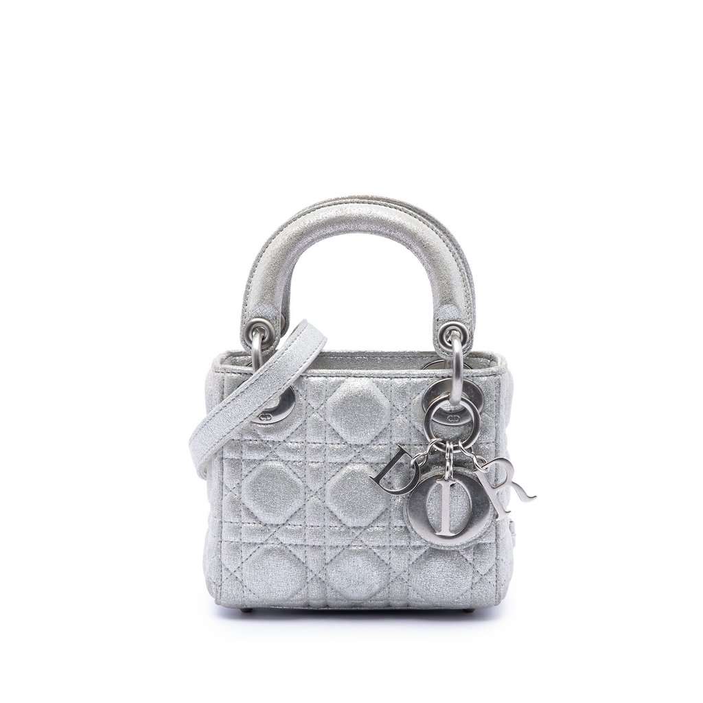 Dior Micro Metallic Calfskin Cannage Lady Dior Silver Leather Very good condition - Front View
