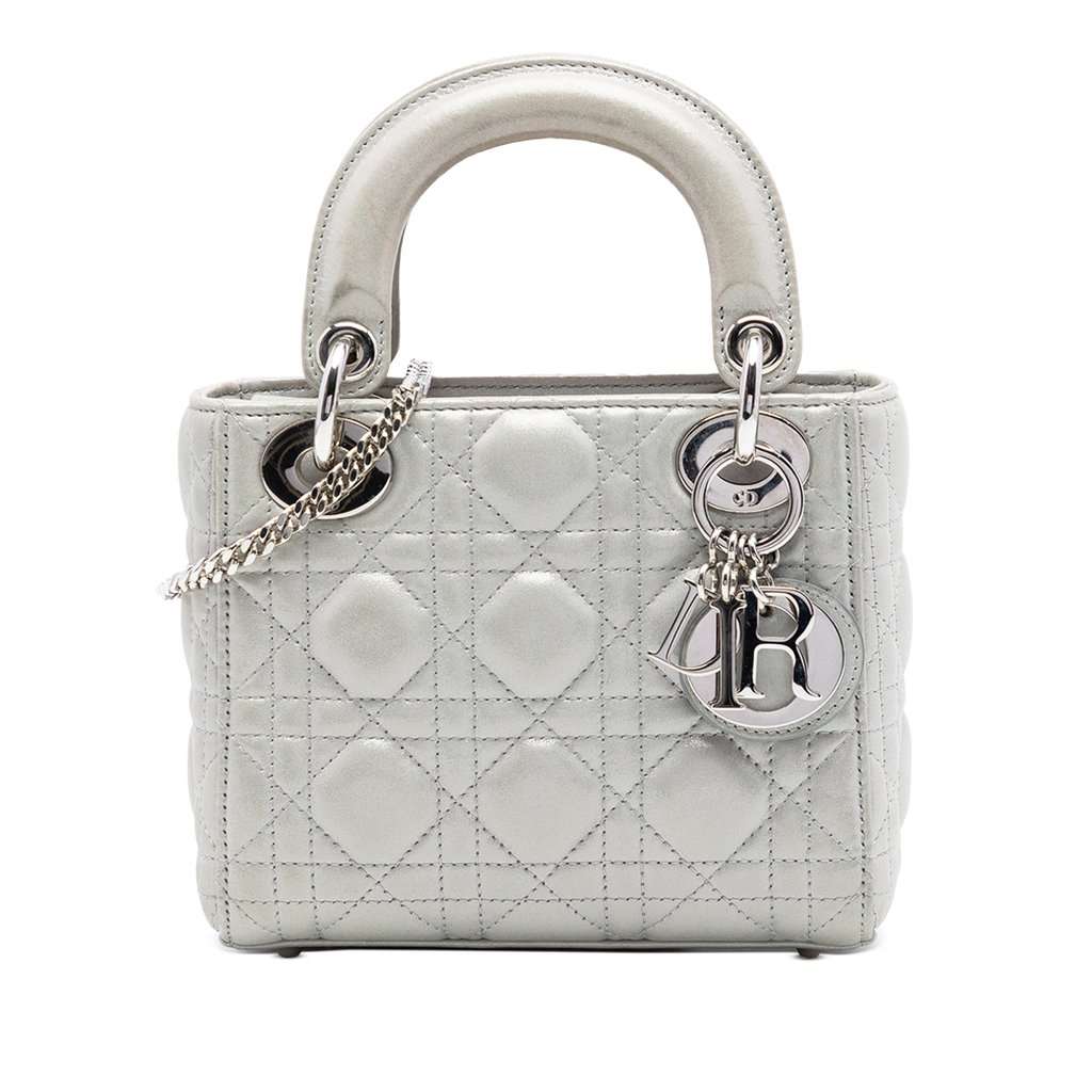 Dior Mini Iridescent Lambskin Cannage Lady Dior Silver Leather Very good - Front View