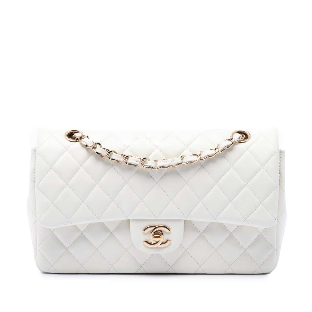 Chanel Medium Classic Lambskin Double Flap White Leather Very good - Front View