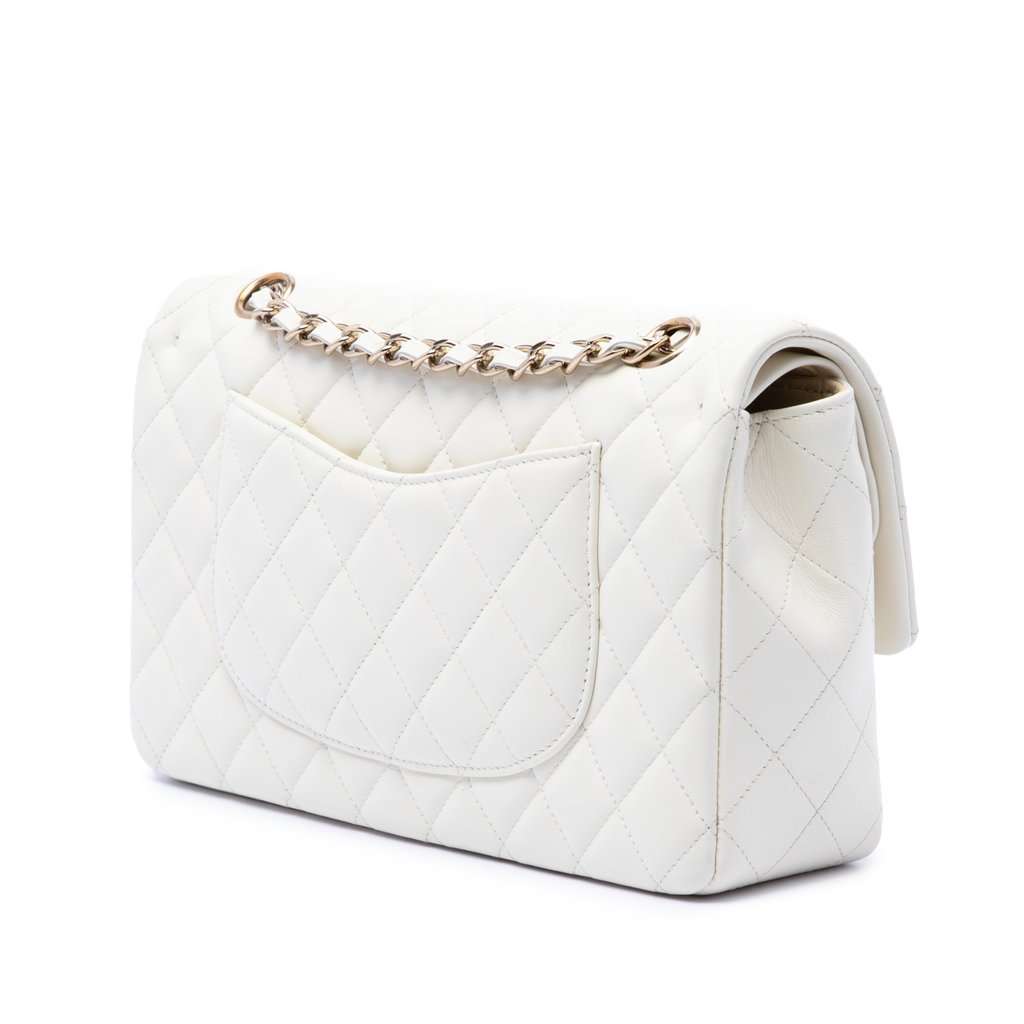 Chanel Medium Classic Lambskin Double Flap White Leather Very good - Back View