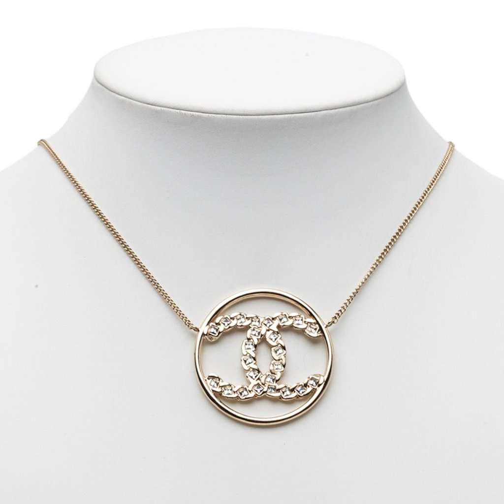 Chanel CC Gold Plated Strass Round Pendant Necklace Gold Metal Very good - Box View