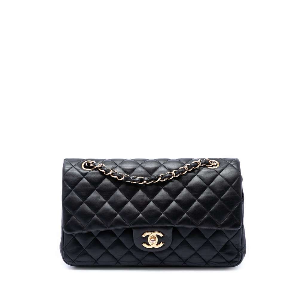 Chanel Medium Classic Lambskin Double Flap Black Leather Very good condition - Front View