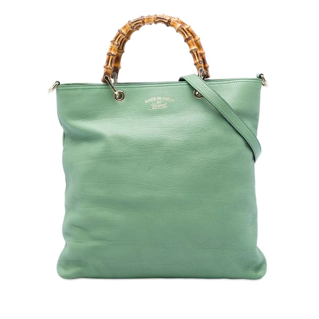 Gucci Tall Calfskin Bamboo Shopper Tote Green Leather Very good - Front View