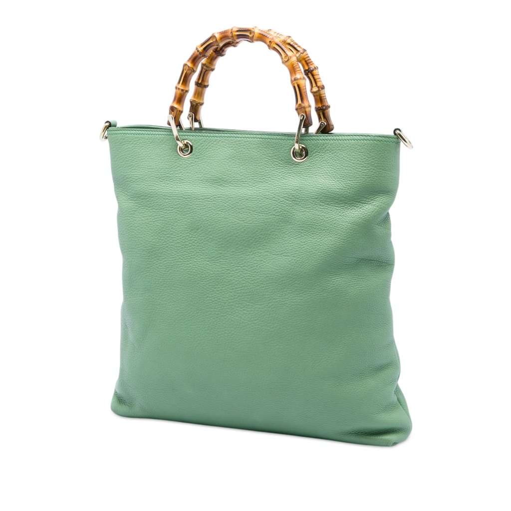 Gucci Tall Calfskin Bamboo Shopper Tote Green Leather Very good - Back View