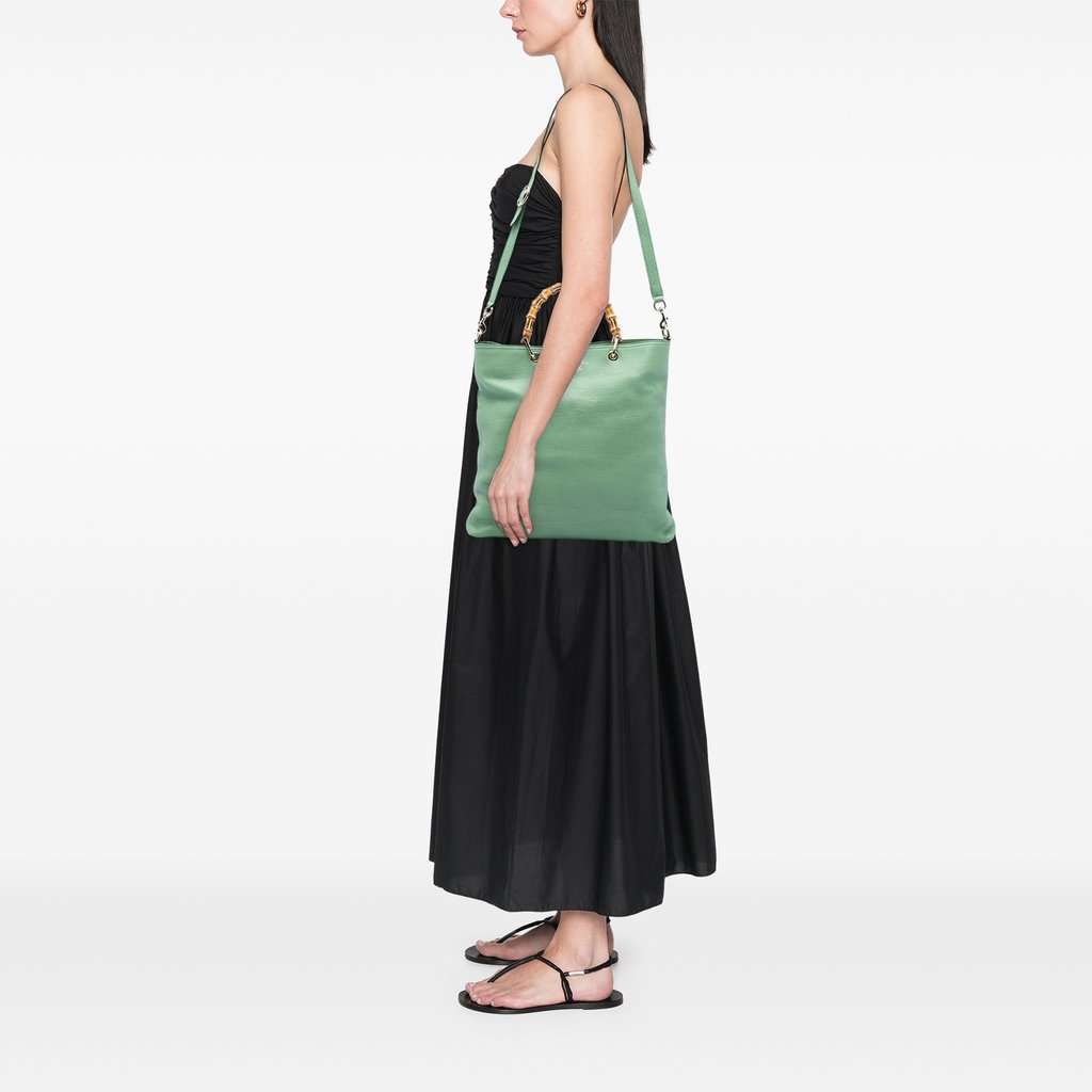 Gucci Tall Calfskin Bamboo Shopper Tote Green Leather Very good - Box View