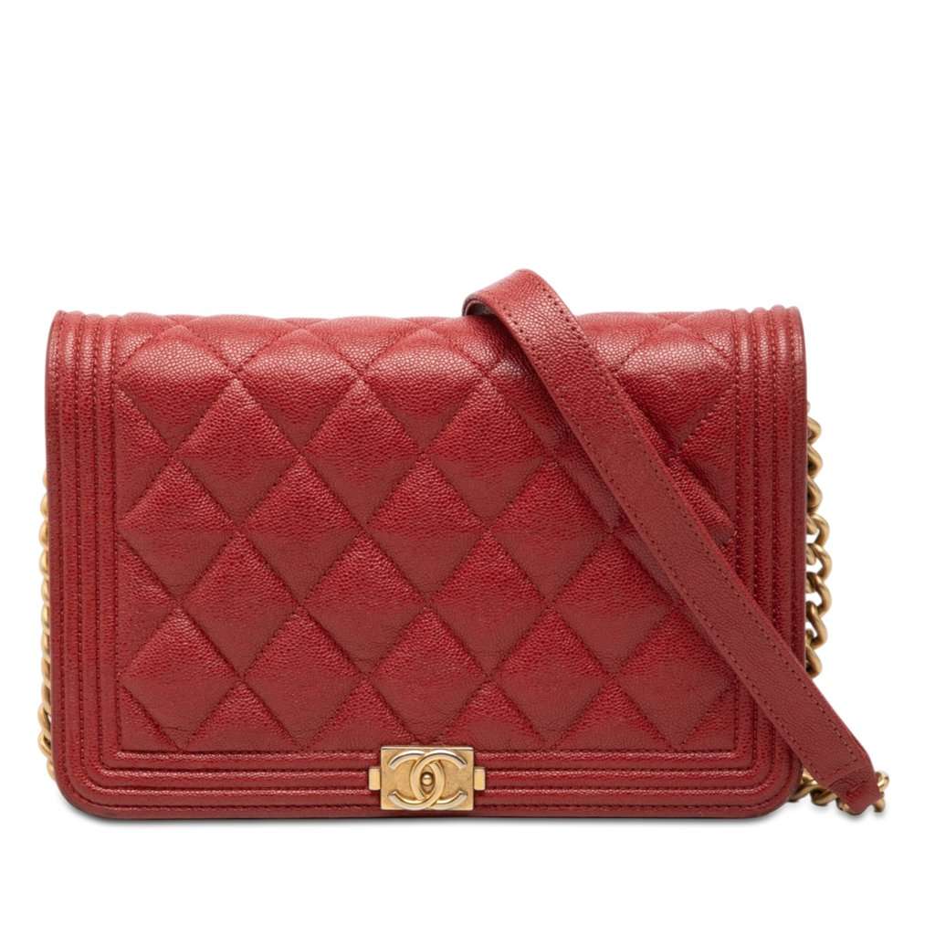 Chanel Quilted Caviar Boy Wallet on Chain Red Leather Very good - Front View