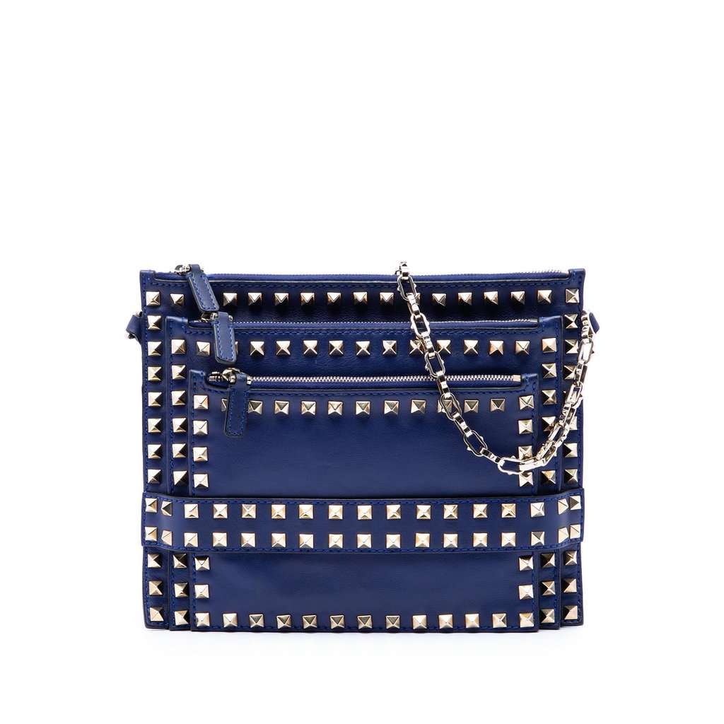 Valentino Leather Rockstud Triple Zip Crossbody Blue Leather Very good condition - Front View