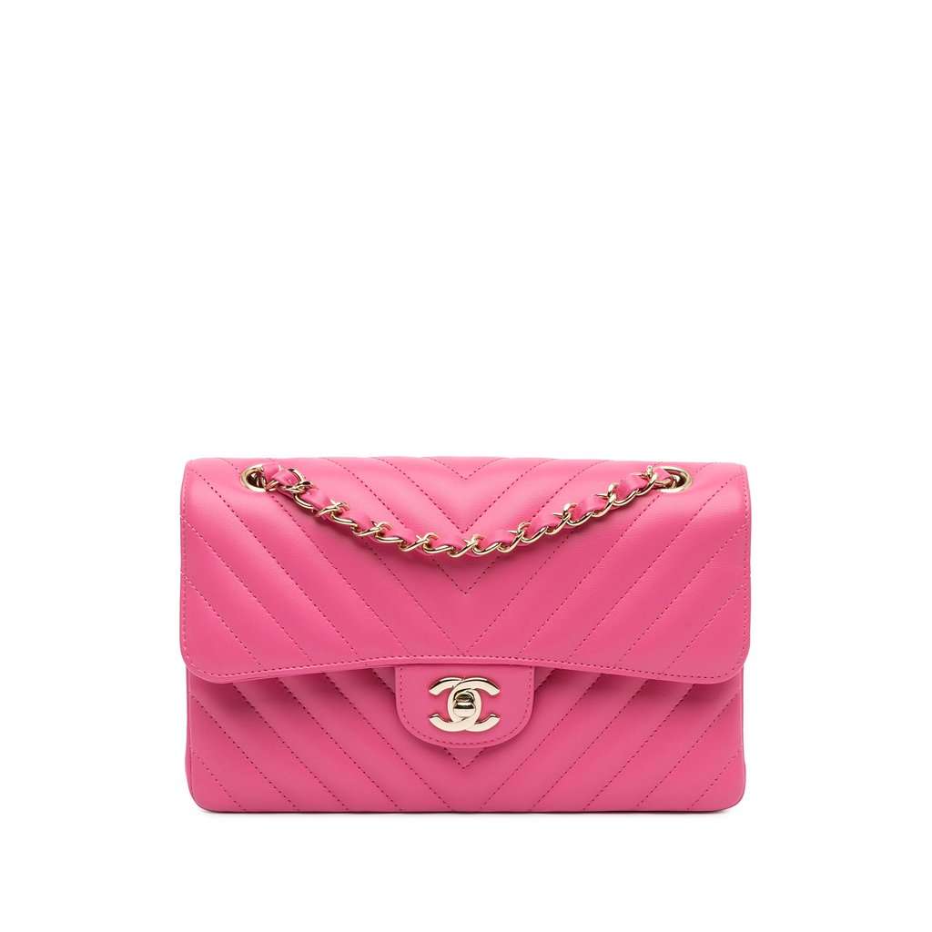Chanel Small Classic Chevron Lambskin Double Flap Pink Leather Very good - Front View