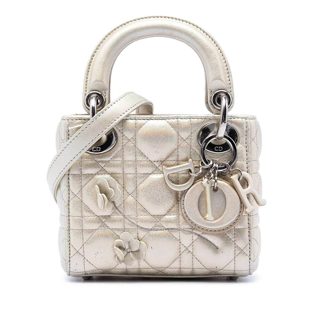 Dior Micro Metallic Crinkled Calfskin Lucky Dior Cannage Lady Dior Gold Leather Very good condition - Front View