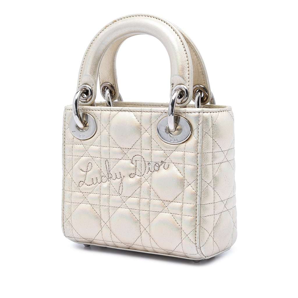 Dior Micro Metallic Crinkled Calfskin Lucky Dior Cannage Lady Dior Gold Leather Very good condition - Back View