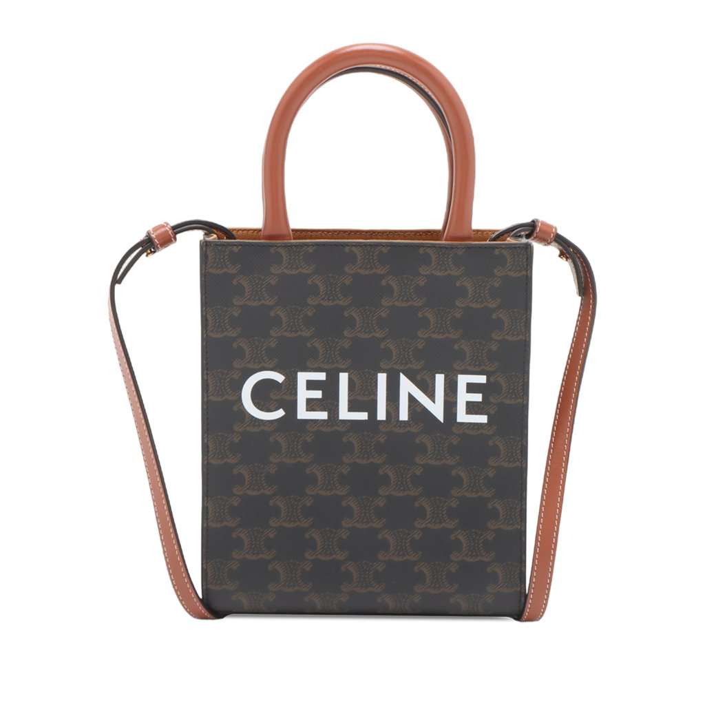 Celine Mini Triomphe Coated Canvas Vertical Cabas Satchel Brown Very good condition - Front View