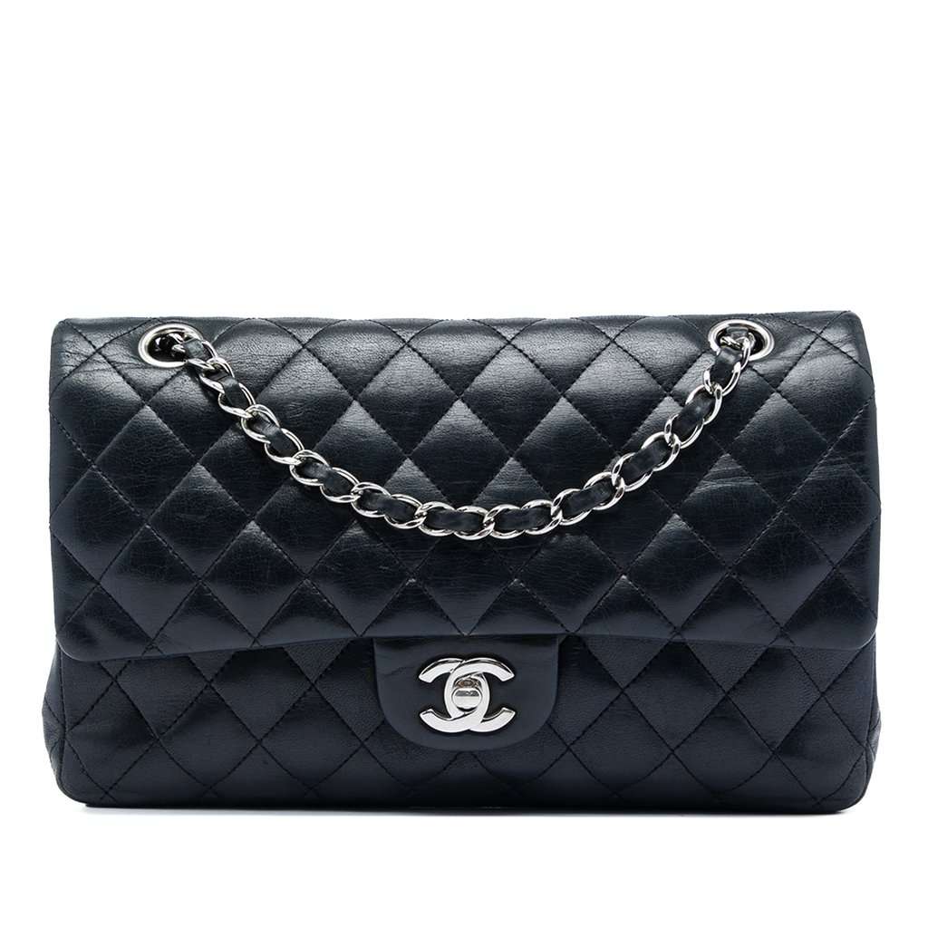 Chanel Medium Classic Lambskin Double Flap Black Leather Very good - Front View