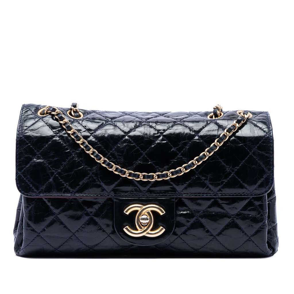 Chanel CC Quilted Aged Glazed Calfskin Accordion Flap Blue Leather Very good - Front View