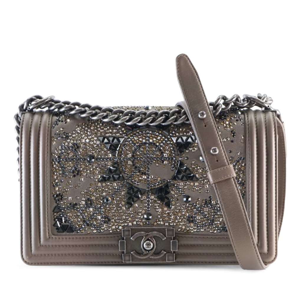 Chanel Old Medium Metallic Goatskin Crystal Boy Flap Brown Leather Very good - Front View