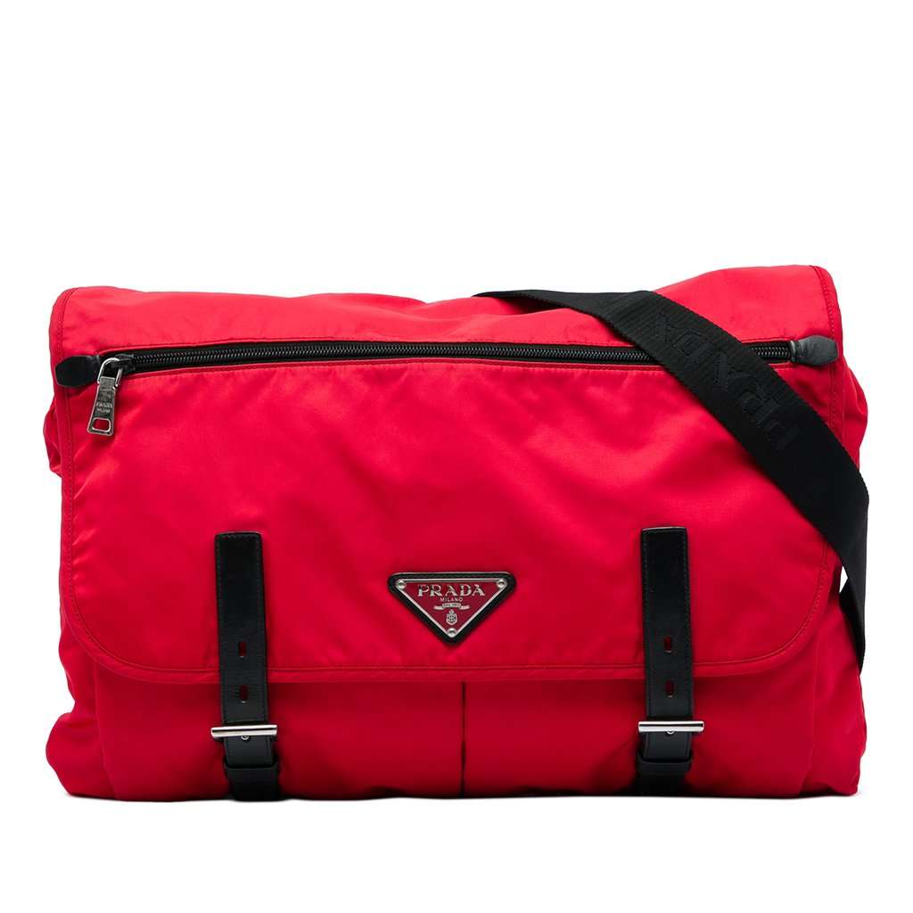 Prada Tessuto Zip Double Buckle Messenger Bag Red Very good condition - Front View