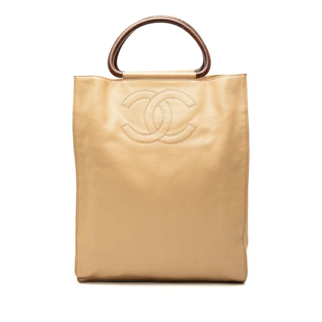 Chanel CC Caviar Wood Top Handle Tote Bag Beige Leather Very good condition - Front View