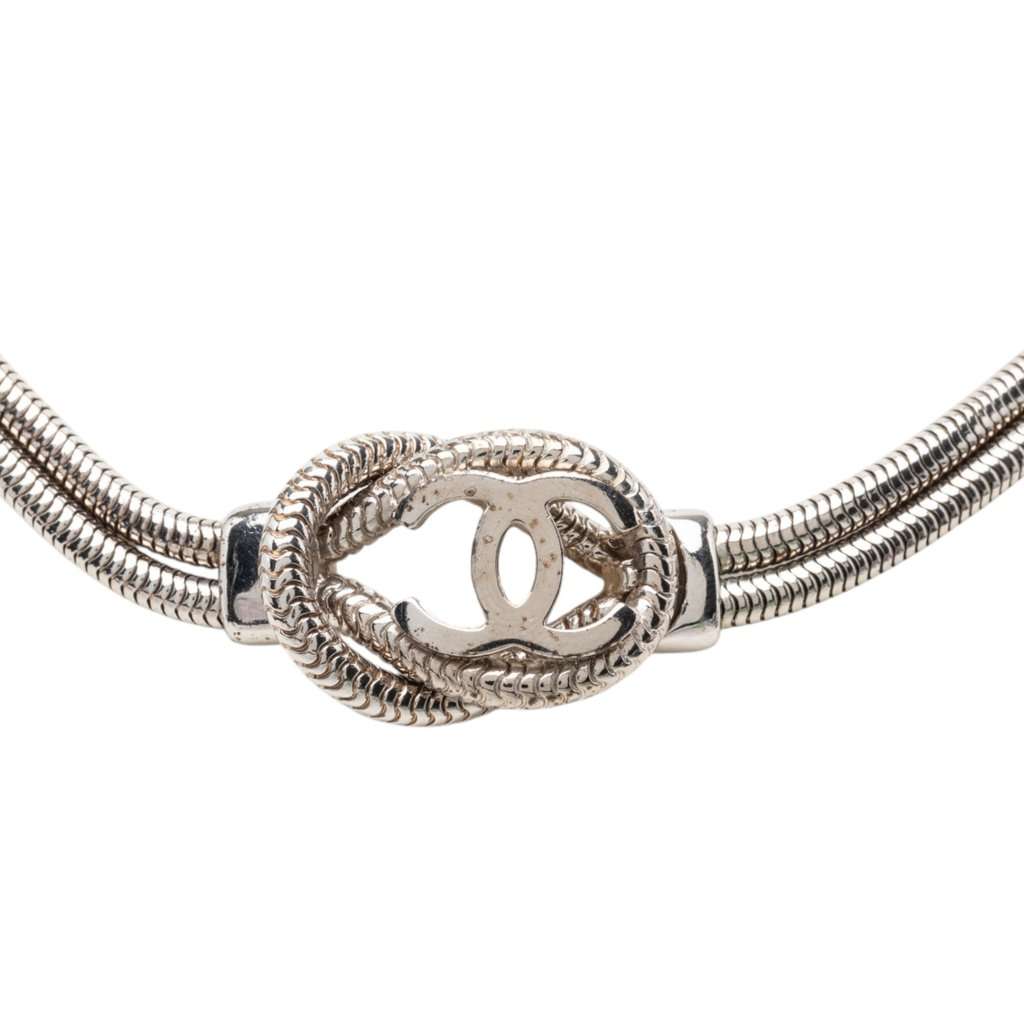 Chanel CC Brass Double Snake Chain Knot Necklace Silver Metal Very good - Back View