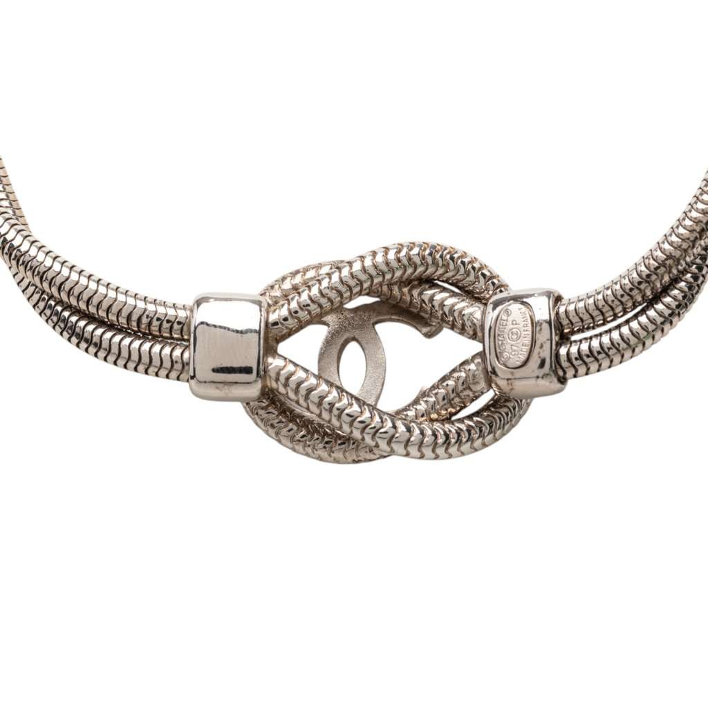 Chanel CC Brass Double Snake Chain Knot Necklace Silver Metal Very good - Inside View