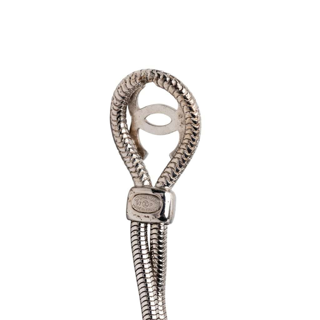Chanel CC Brass Double Snake Chain Knot Necklace Silver Metal Very good - Model View