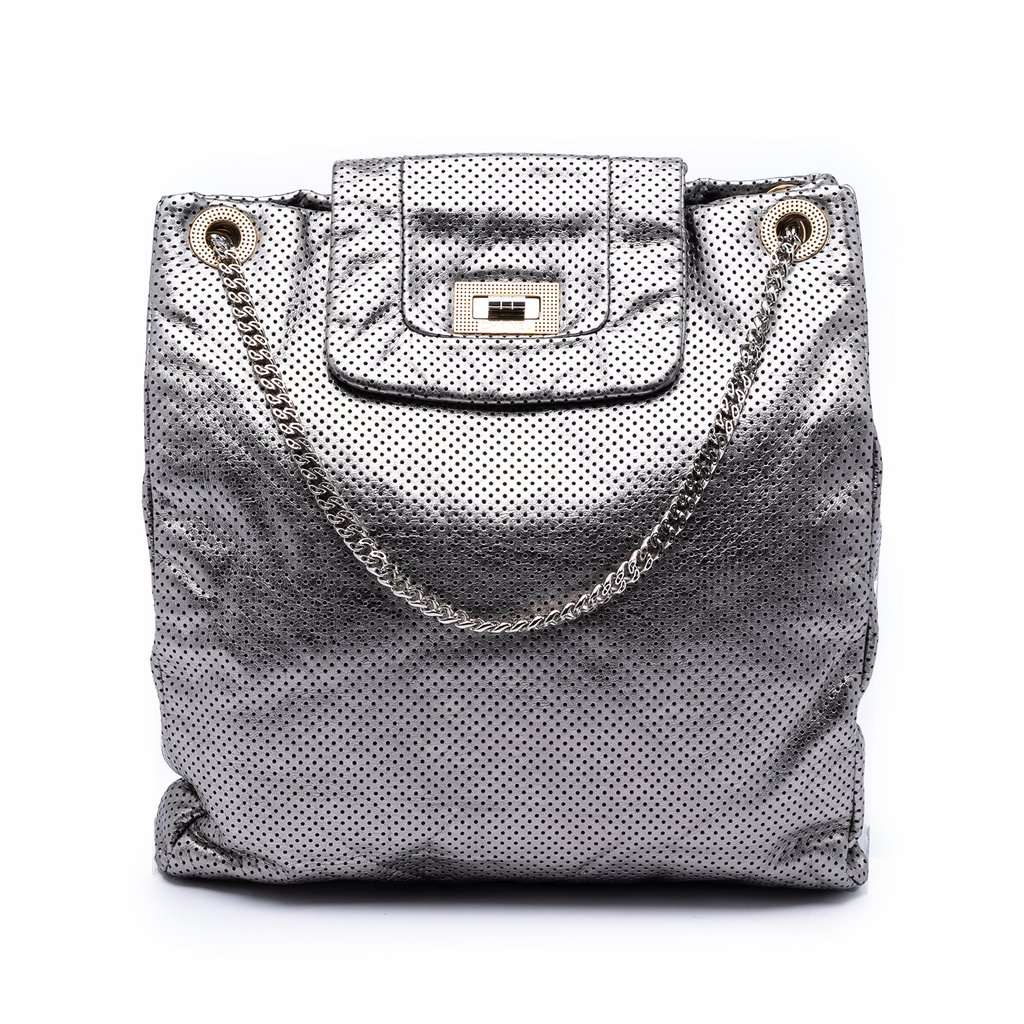 Chanel Perforated Crackled Metallic Calfskin Drill Tote Silver Leather Very good condition - Front View