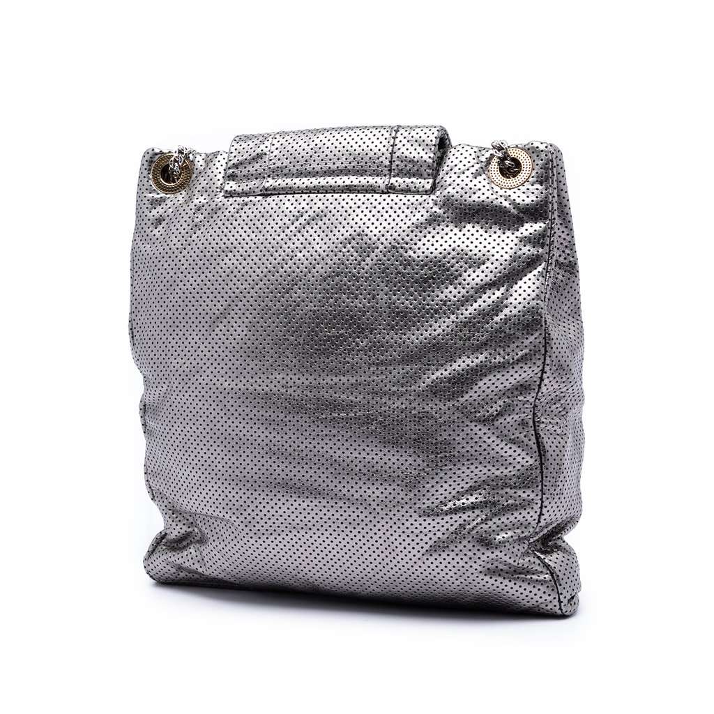 Chanel Perforated Crackled Metallic Calfskin Drill Tote Silver Leather Very good condition - Back View