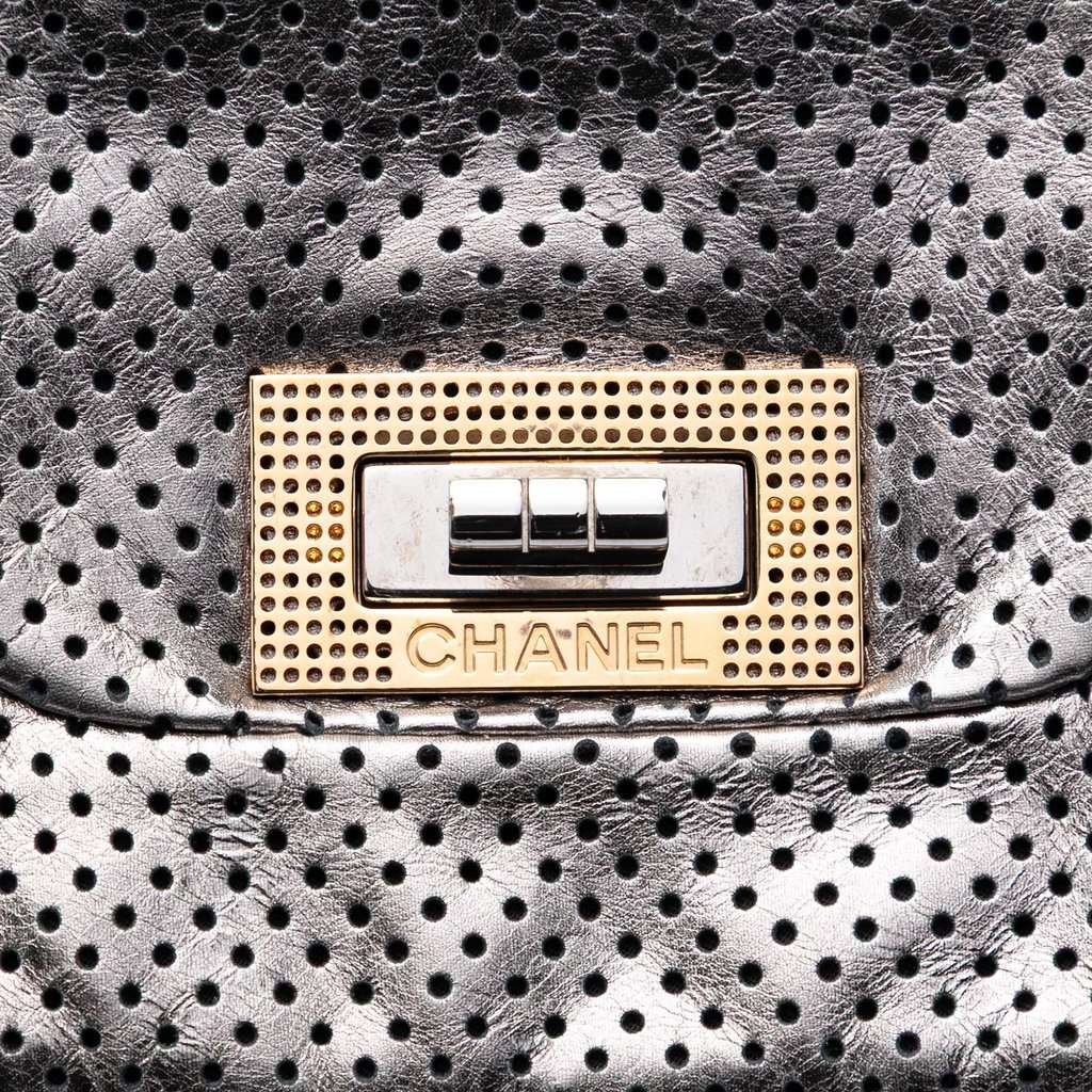 Chanel Perforated Crackled Metallic Calfskin Drill Tote Silver Leather Very good condition - Box View