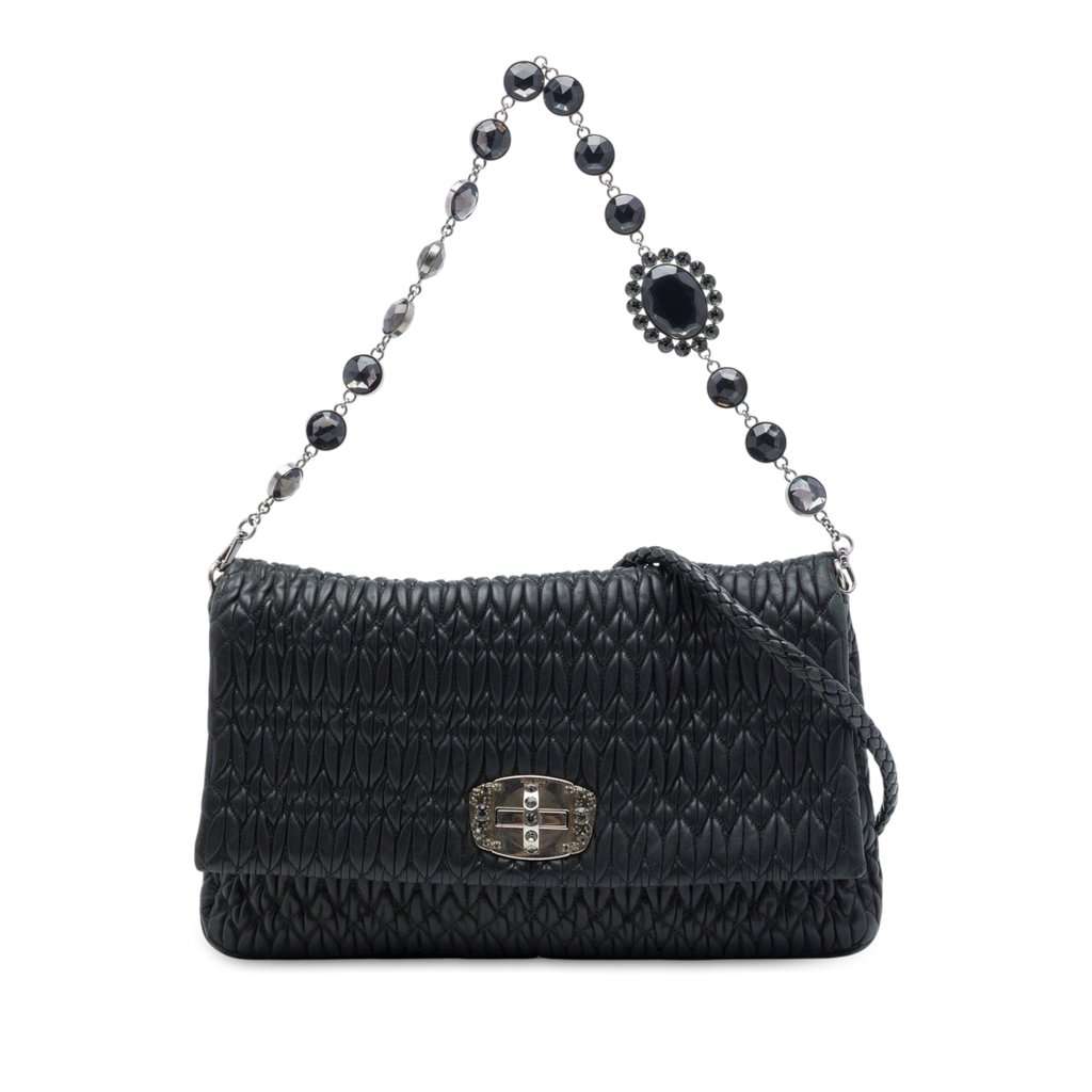 Miu Miu Matelasse Nappa Crystal Chain Satchel Black Leather Very good - Front View
