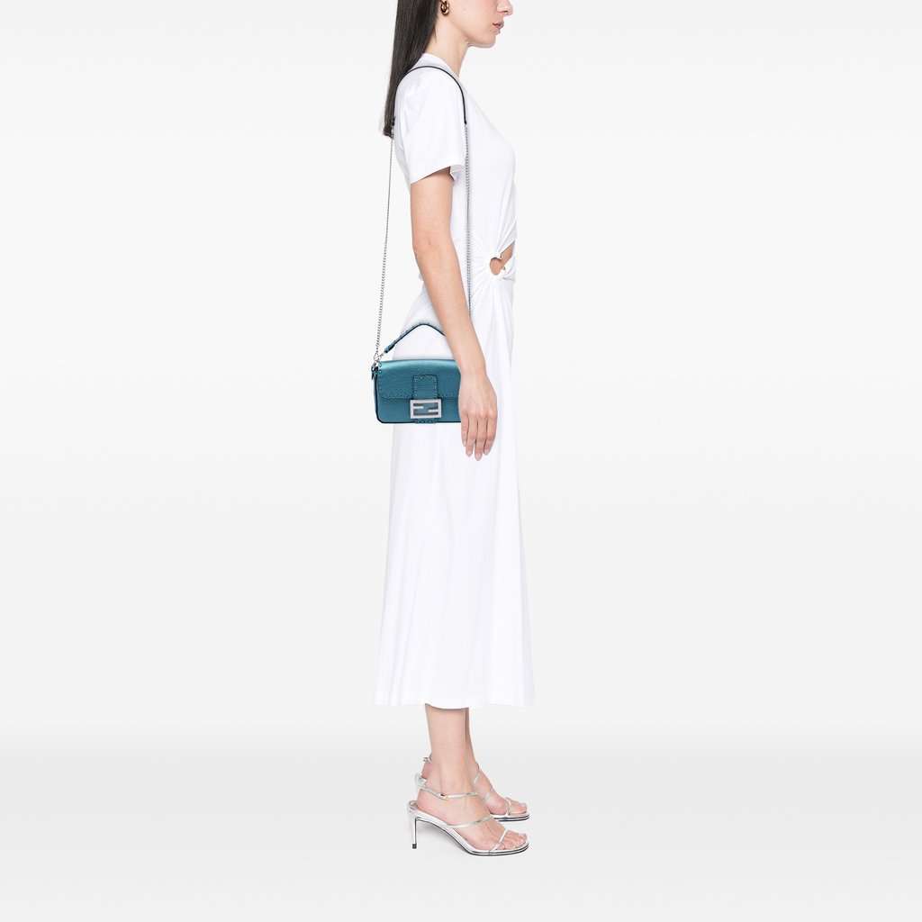 Fendi Mini Metallic Leather Selleria Baguette Satchel Blue Leather Very good condition - Box View