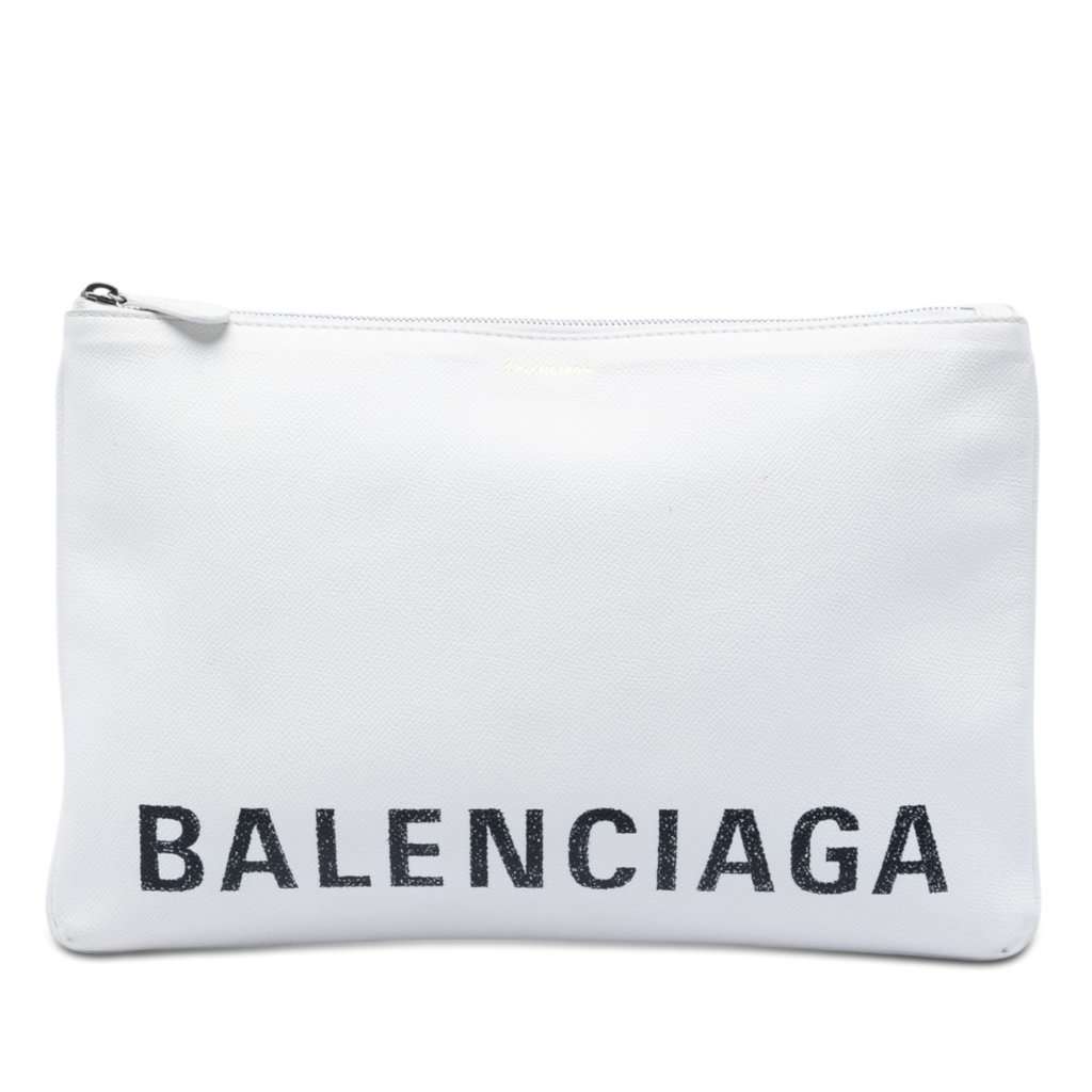 Balenciaga Leather Ville Logo Zip Pouch White Leather Very good condition - Front View