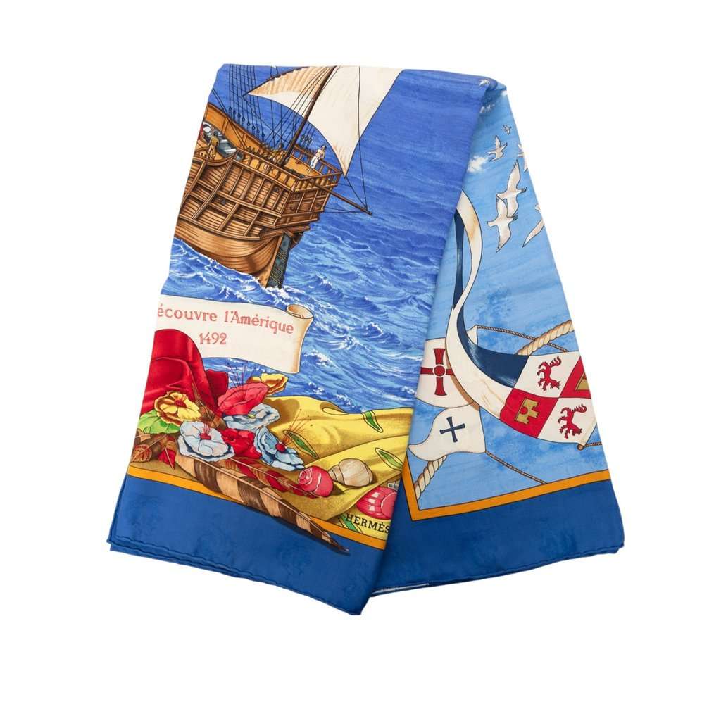 Hermès Christophe Colomb Decouvre L Amerique Silk Scarf 90 Blue Very good - Front View