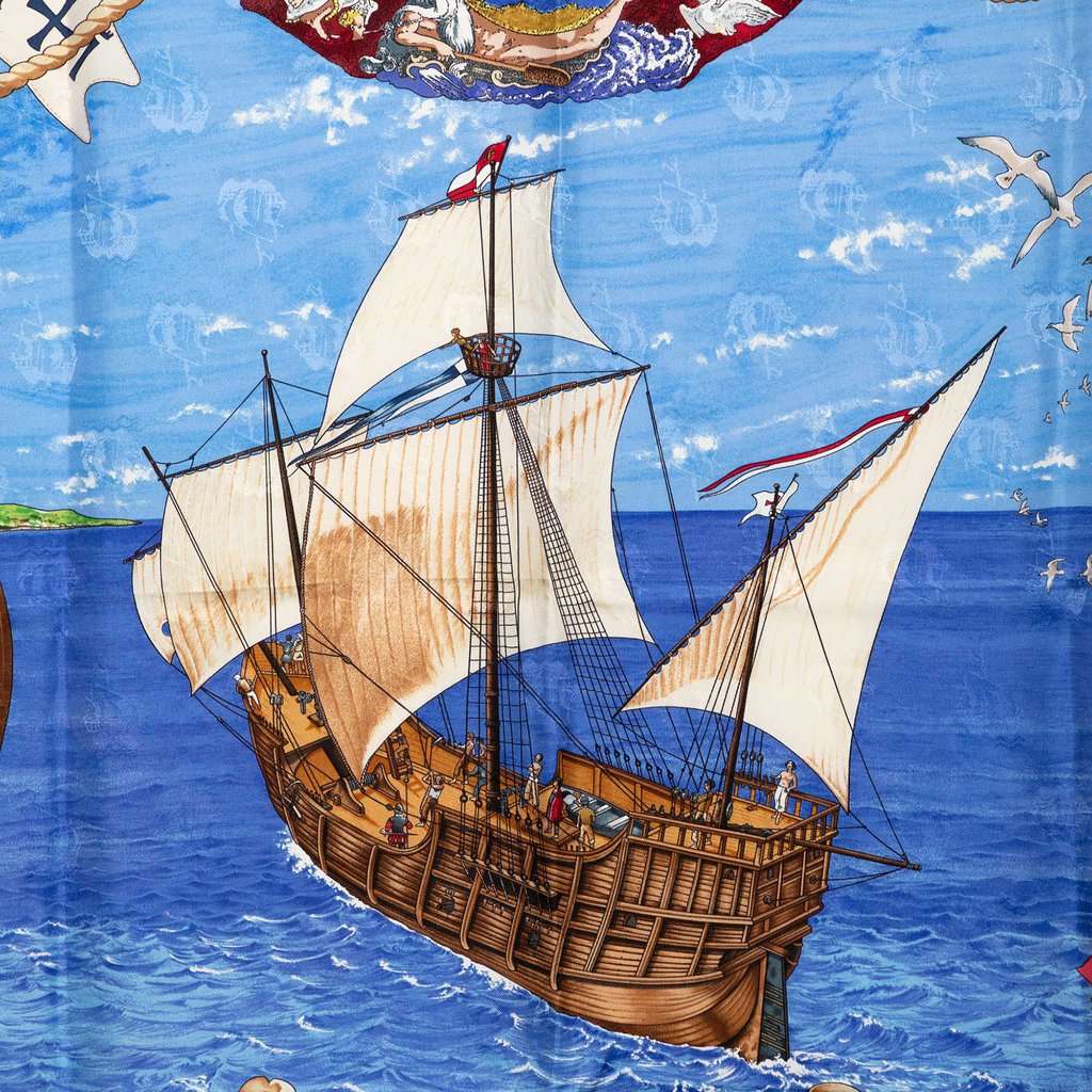 Hermès Christophe Colomb Decouvre L Amerique Silk Scarf 90 Blue Very good - Back View
