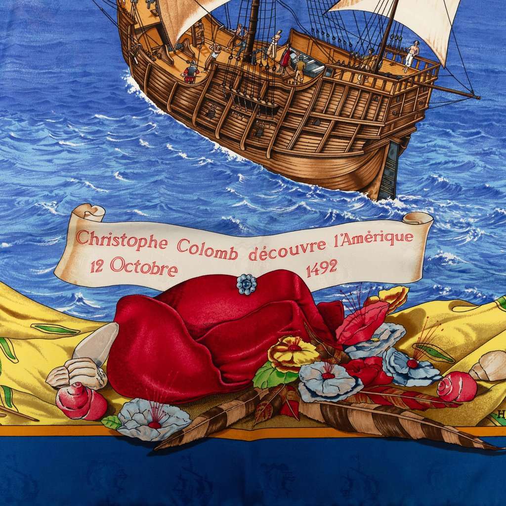 Hermès Christophe Colomb Decouvre L Amerique Silk Scarf 90 Blue Very good - Model View