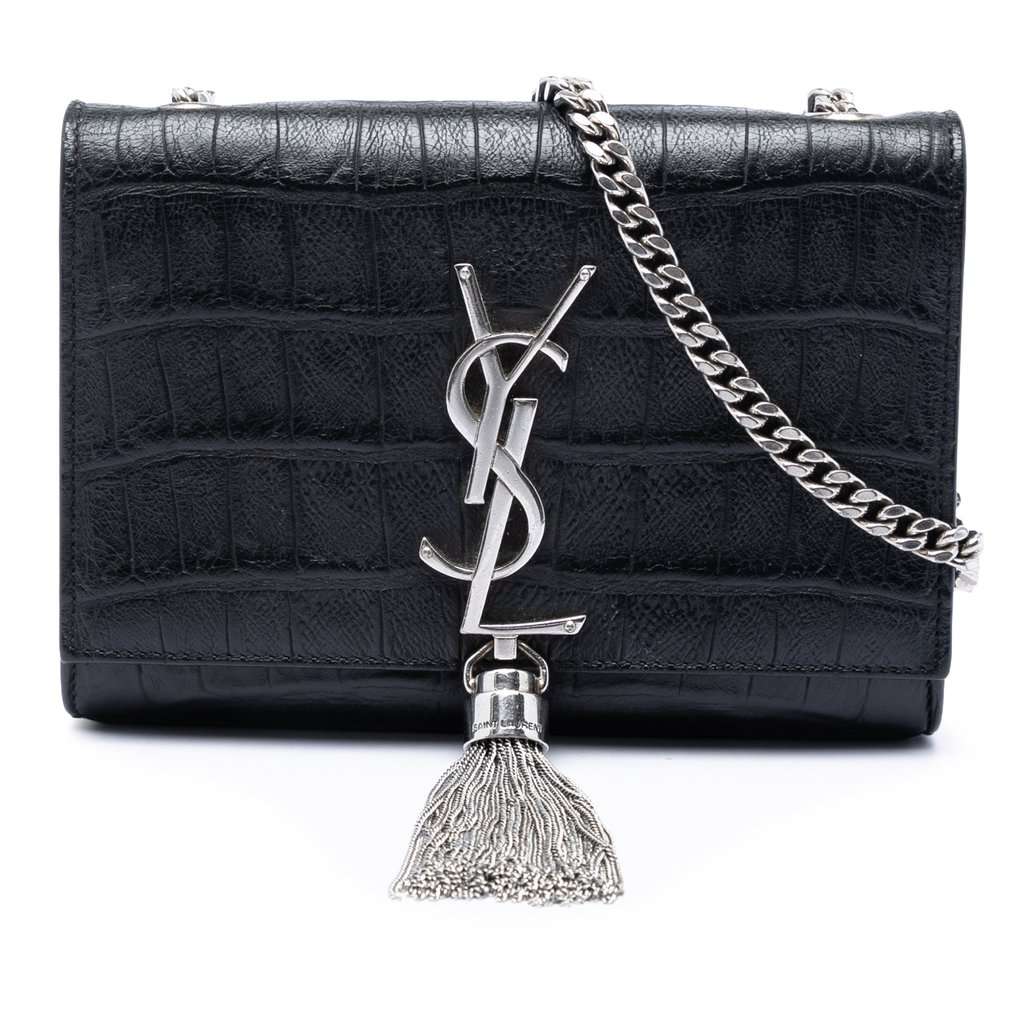 Saint Laurent Small Croc Embossed Leather Monogram Kate Tassel Crossbody Black Leather Very good condition - Front View