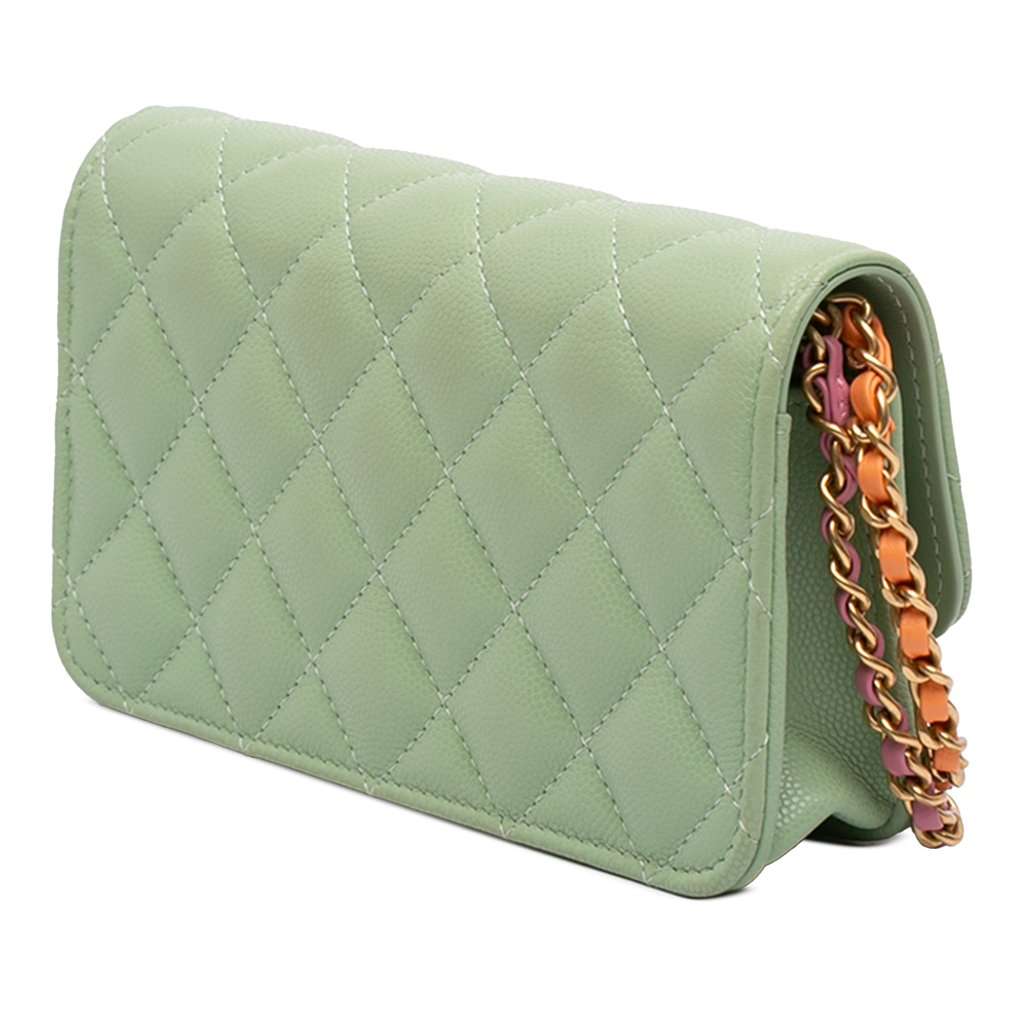 Chanel Mini CC Quilted Caviar Clutch With Chain Green Leather Very good - Back View